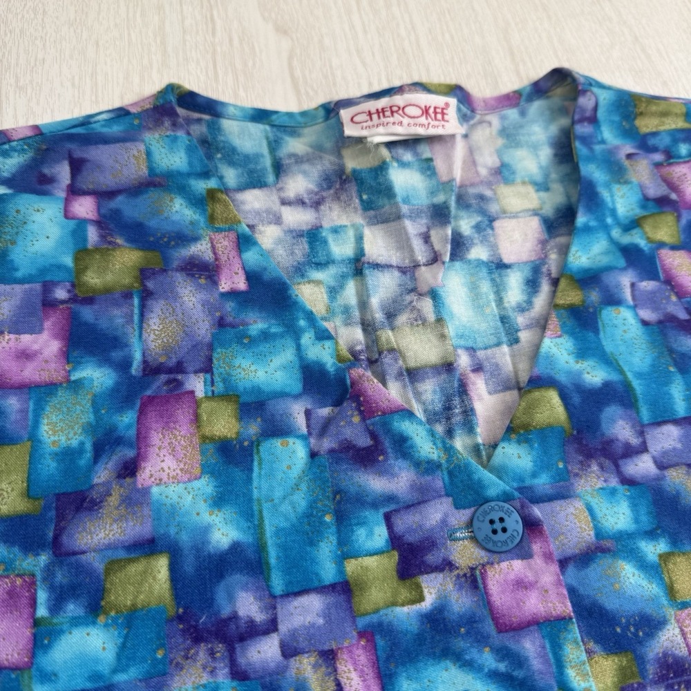 Women's Scrub Top Small Multicolor Teal Blue 2-Pocket Whimsy Y2K Fitted Cherokee